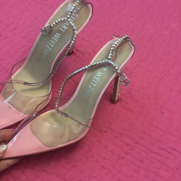 Stuart Weitzman Pink Clear Heels with Rhinestone Strap, US8,5 - Picture 6 of 12